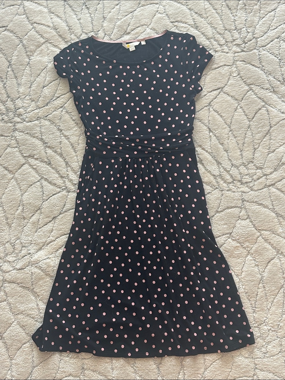 Boden Black Midi Dress with Pink Polka Dots